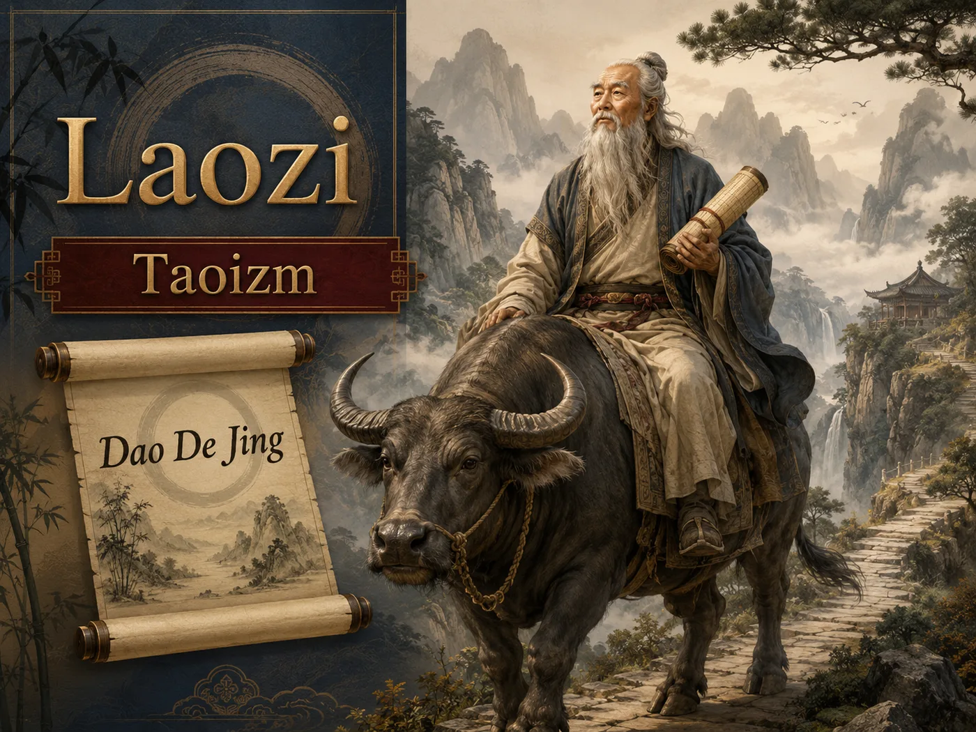 Ilustracja taoizmu Laoziego — mędrzec na bawole i symbol yin-yang wśród gór i wody.
