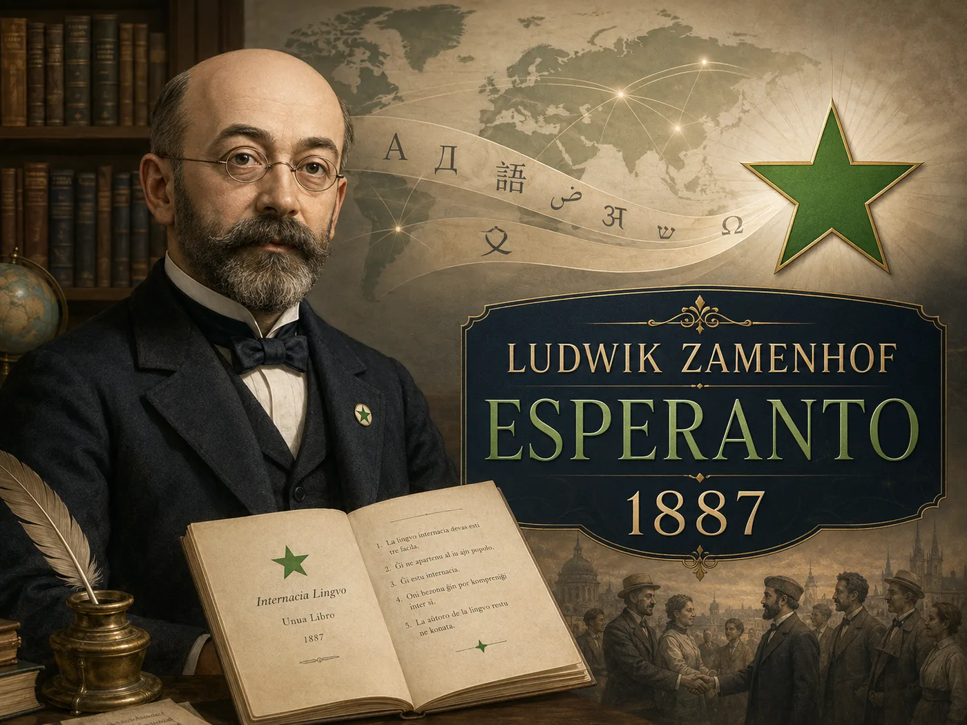 Ilustracja esperanta — zielona gwiazda, symbol języka, i ludzie z różnych krajów w rozmowie.