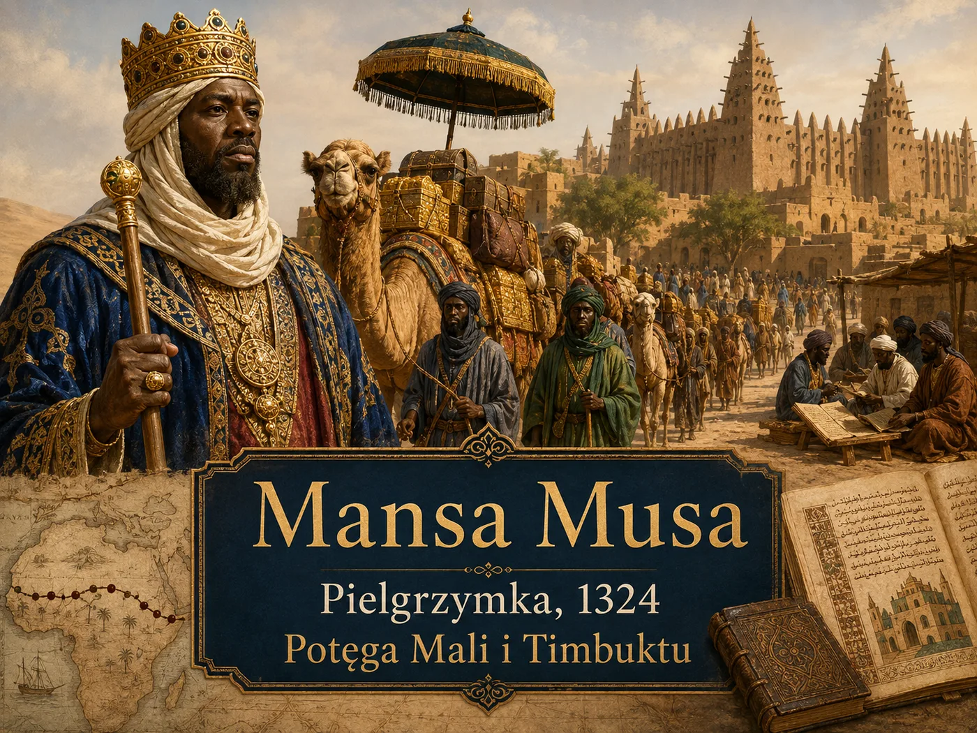 Ilustracja potęgi Mali — Mansa Musa na tronie ze złotem, karawany na szlakach transsaharyjskich.