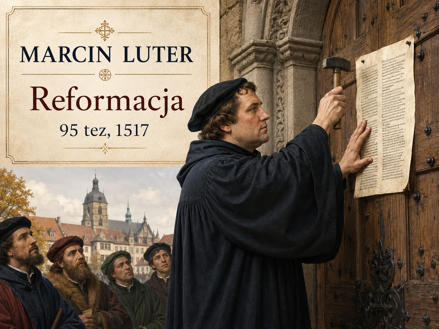 Ilustracja reformacji — Marcin Luter przybijający 95 tez do drzwi kościoła w Wittenberdze.