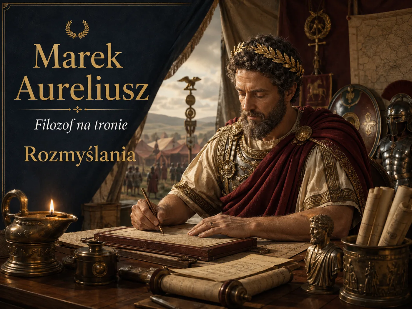 Ilustracja „Rozmyślań” Marka Aureliusza — cesarz w namiocie wojennym zapisujący filozoficzne myśli.