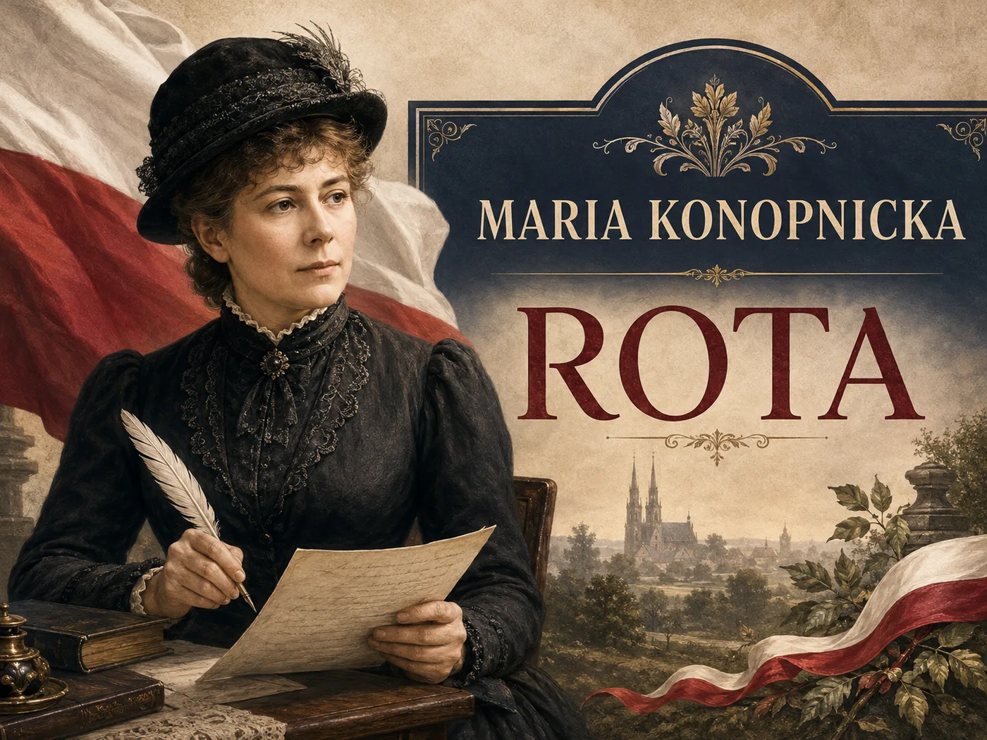 Ilustracja „Roty” Konopnickiej — poetka i śpiewający tłum broniący polskiej mowy.
