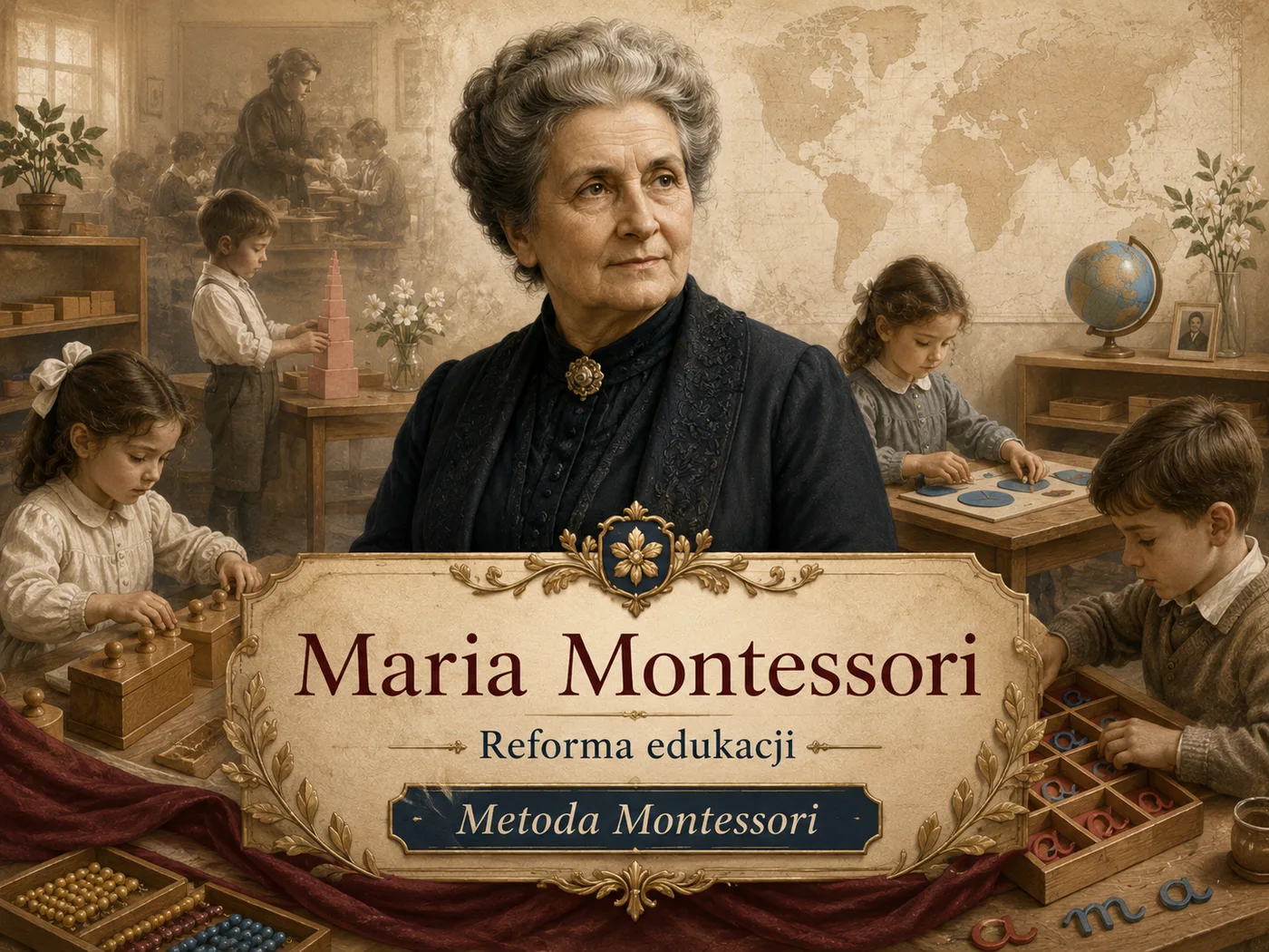 Ilustracja metody Montessori — dzieci uczące się samodzielnie z pomocami dydaktycznymi.