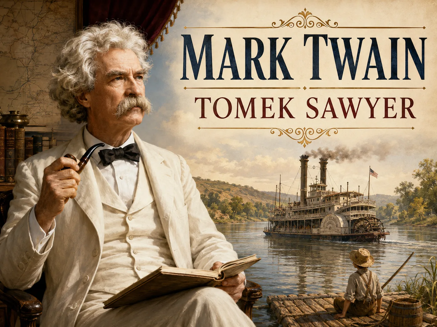 Ilustracja „Tomka Sawyera” Twaina — chłopiec malujący płot nad brzegiem rzeki Missisipi.