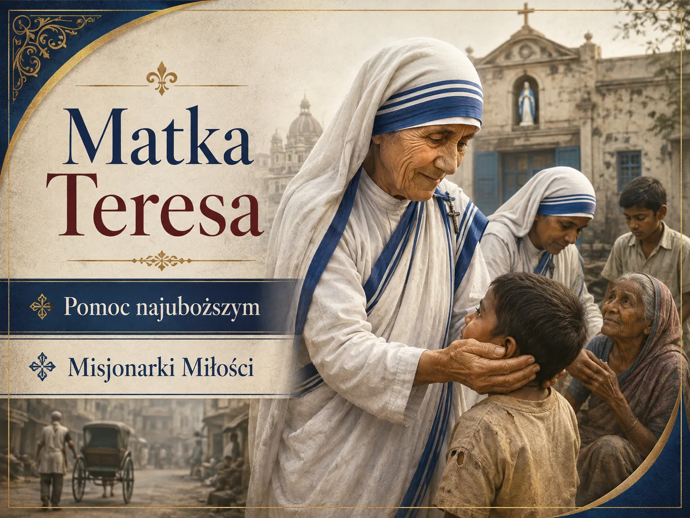 Ilustracja posługi Matki Teresy — zakonnica pochylona nad chorym w ubogiej dzielnicy Kalkuty.