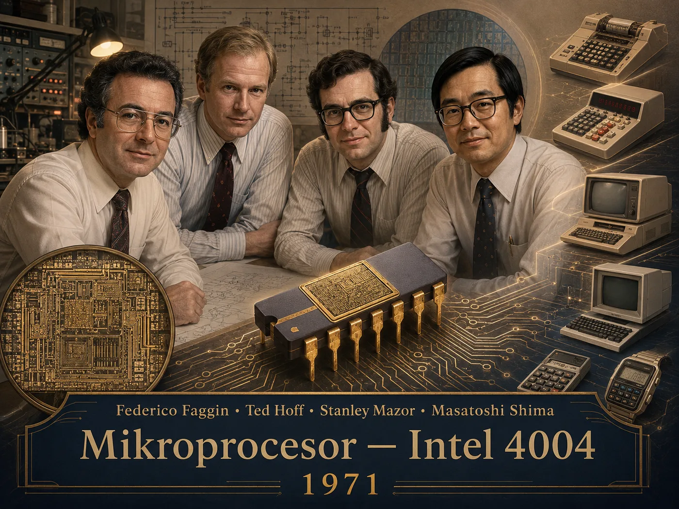 Ilustracja mikroprocesora Intel 4004 — maleńki krzemowy chip w 16-nóżkowej obudowie pod lupą, gęsta sieć tranzystorów, w tle wielka szafa dawnego komputera.