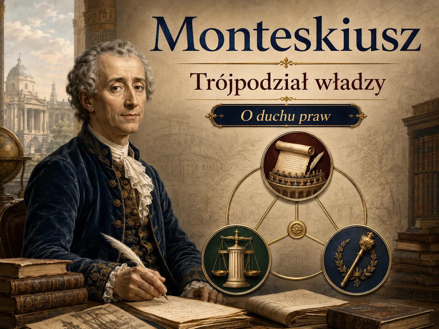 Ilustracja trójpodziału władzy — trzy filary: władza ustawodawcza, wykonawcza i sądownicza.