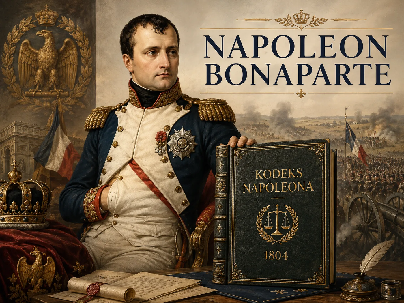 Ilustracja Kodeksu Napoleona — cesarz i księga nowoczesnego prawa cywilnego.