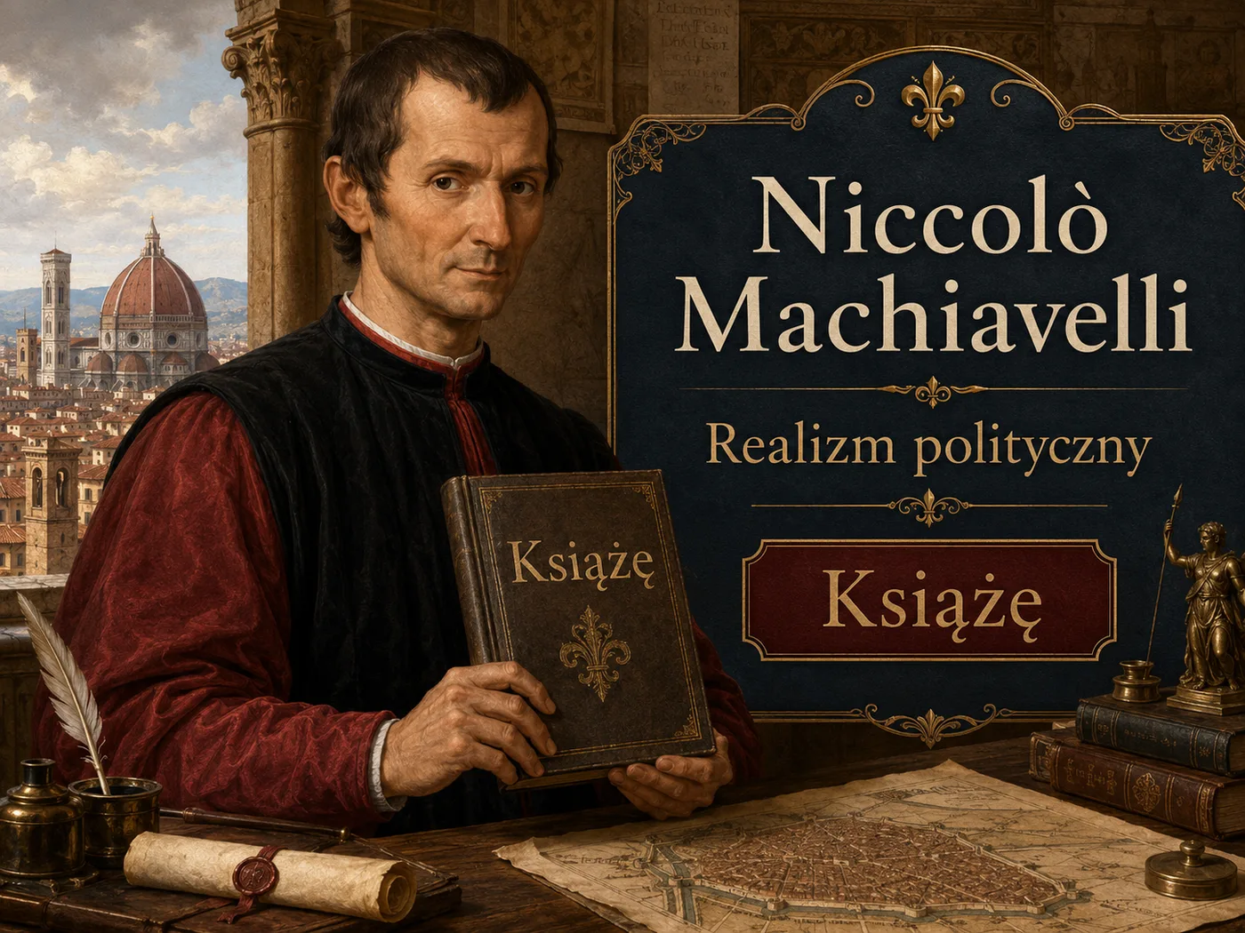 Ilustracja „Księcia” Machiavellego — myśliciel przy biurku analizujący grę władzy i polityki.