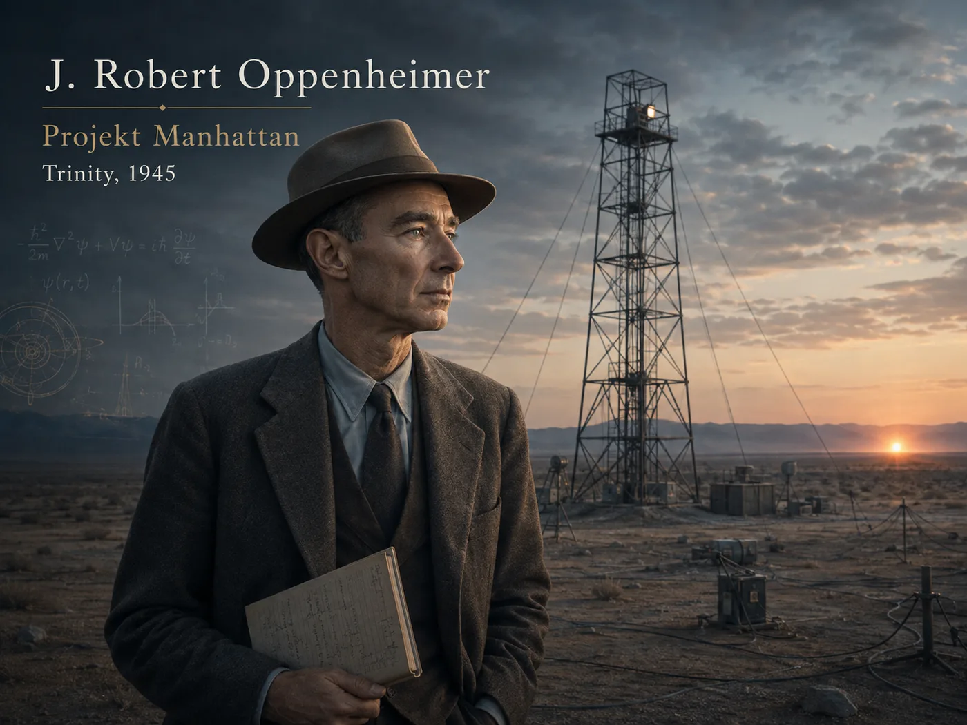 Ilustracja Projektu Manhattan — laboratorium w Los Alamos i błysk pierwszej próby jądrowej na pustyni.