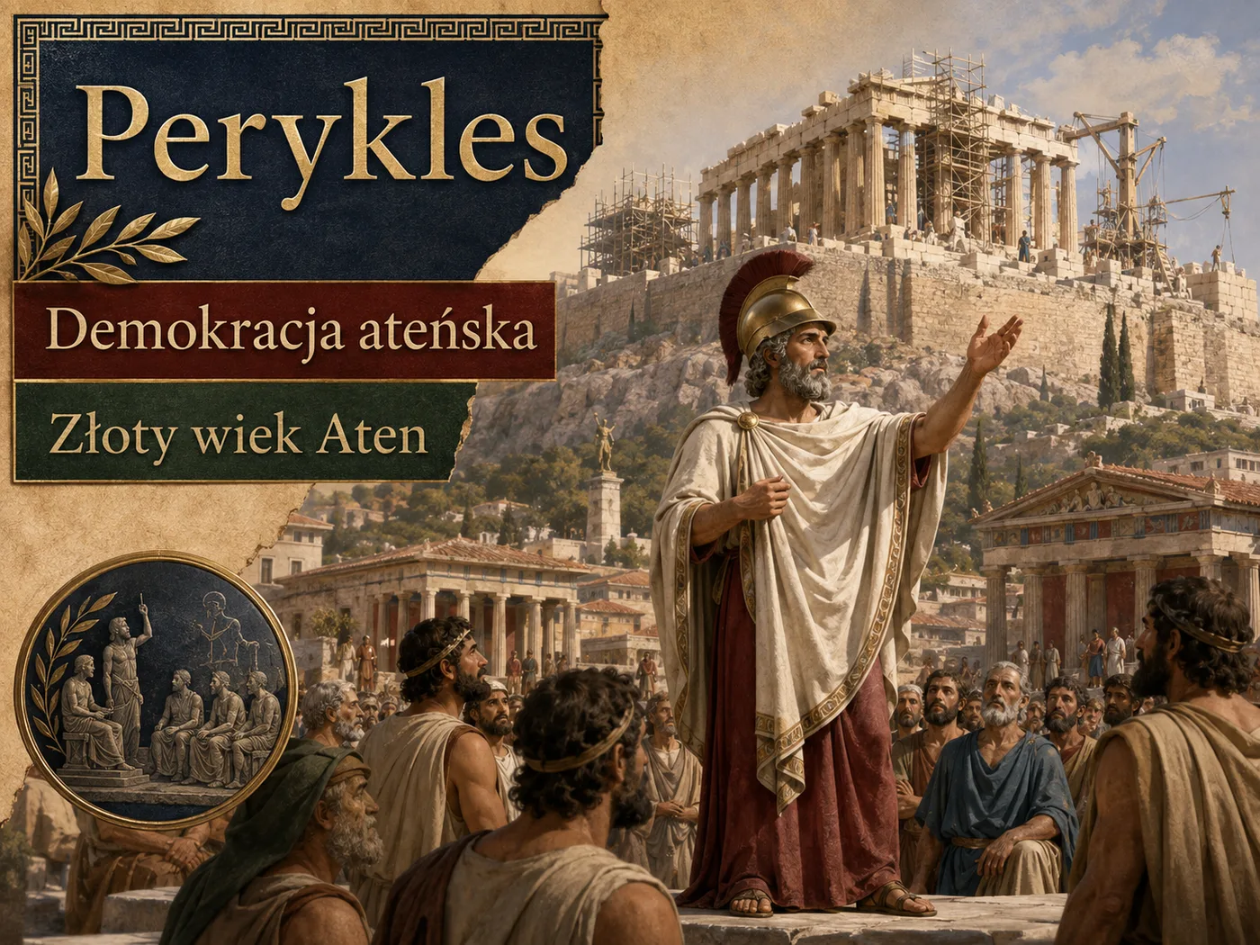 Ilustracja demokracji ateńskiej — Perykles przemawiający na agorze, w tle Partenon na Akropolu.