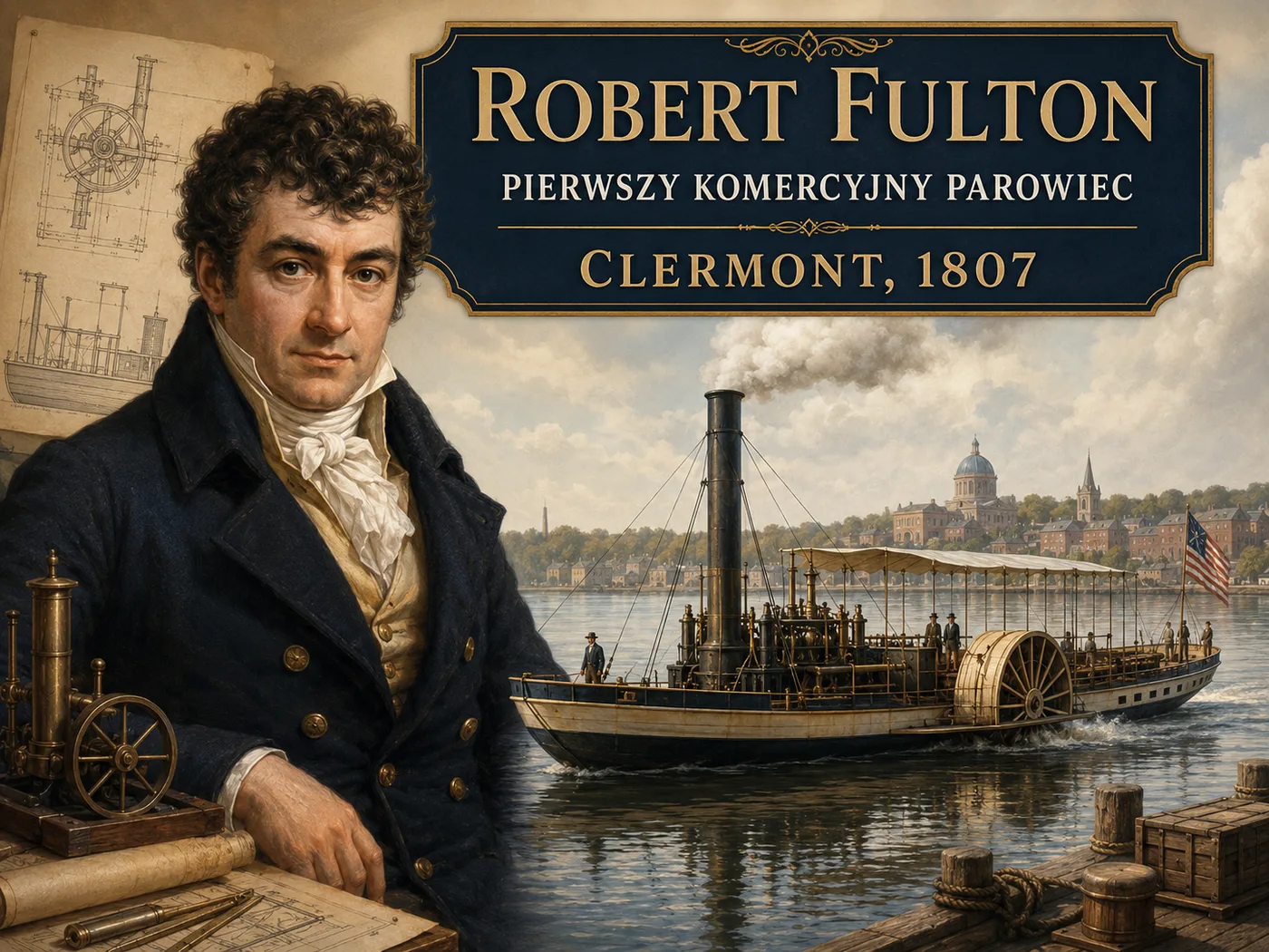 Ilustracja parowca Fultona — statek z kołami łopatkowymi i kominem parowym płynący pod prąd rzeki.