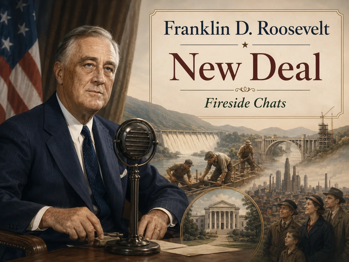 Ilustracja „New Deal” Roosevelta — roboty publiczne i odbudowa Ameryki po Wielkim Kryzysie.