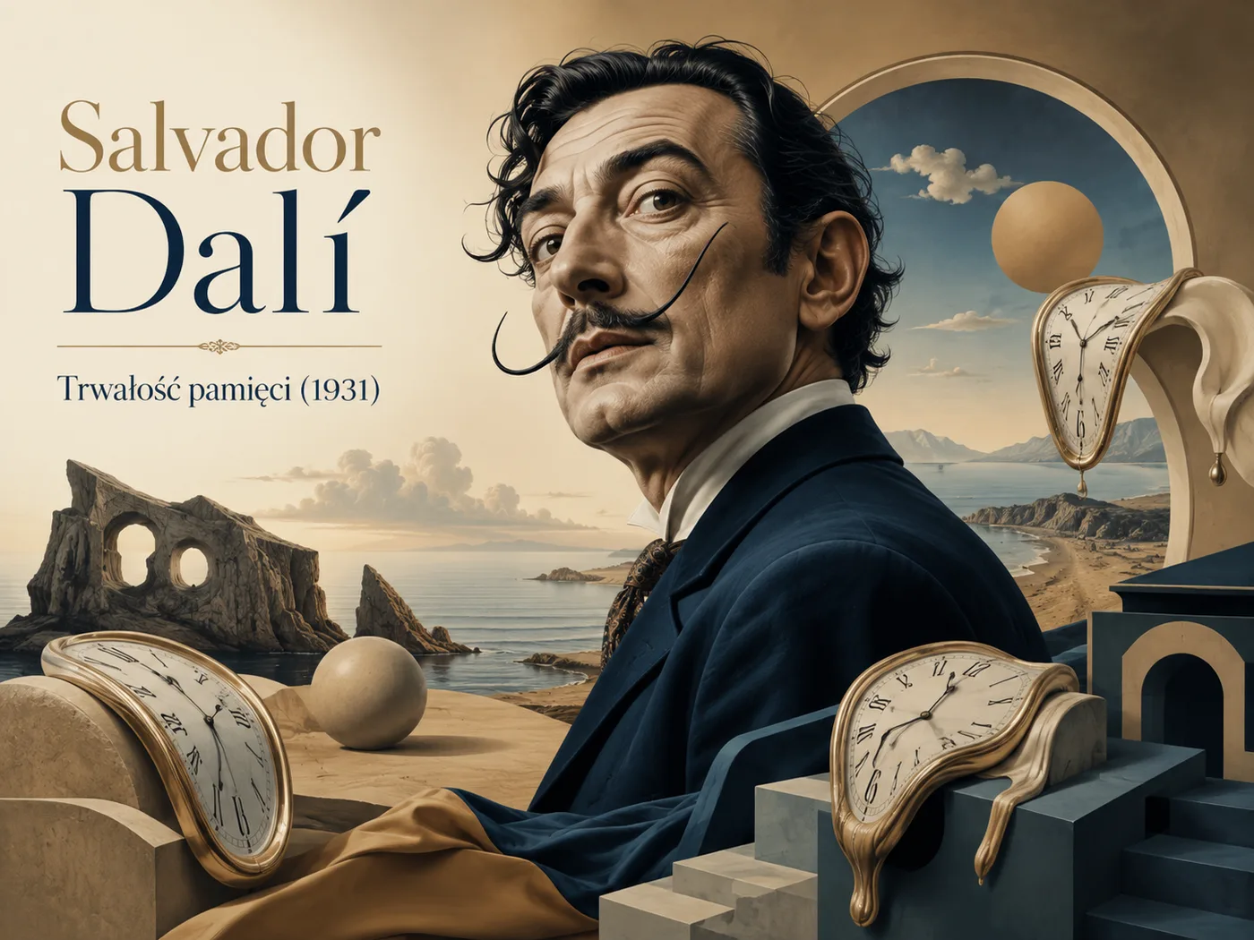 Ilustracja „Trwałości pamięci” Dalego — surrealistyczny nadmorski pejzaż z roztapiającymi się zegarami, oniryczny nastrój.