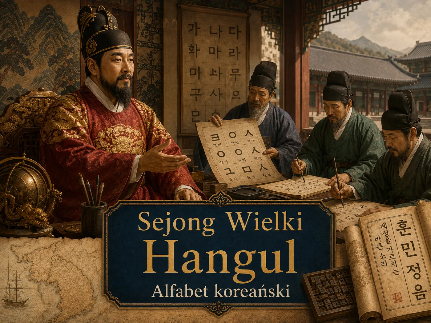 Ilustracja hangulu — król Sejong i tablica ze znakami prostego koreańskiego alfabetu.
