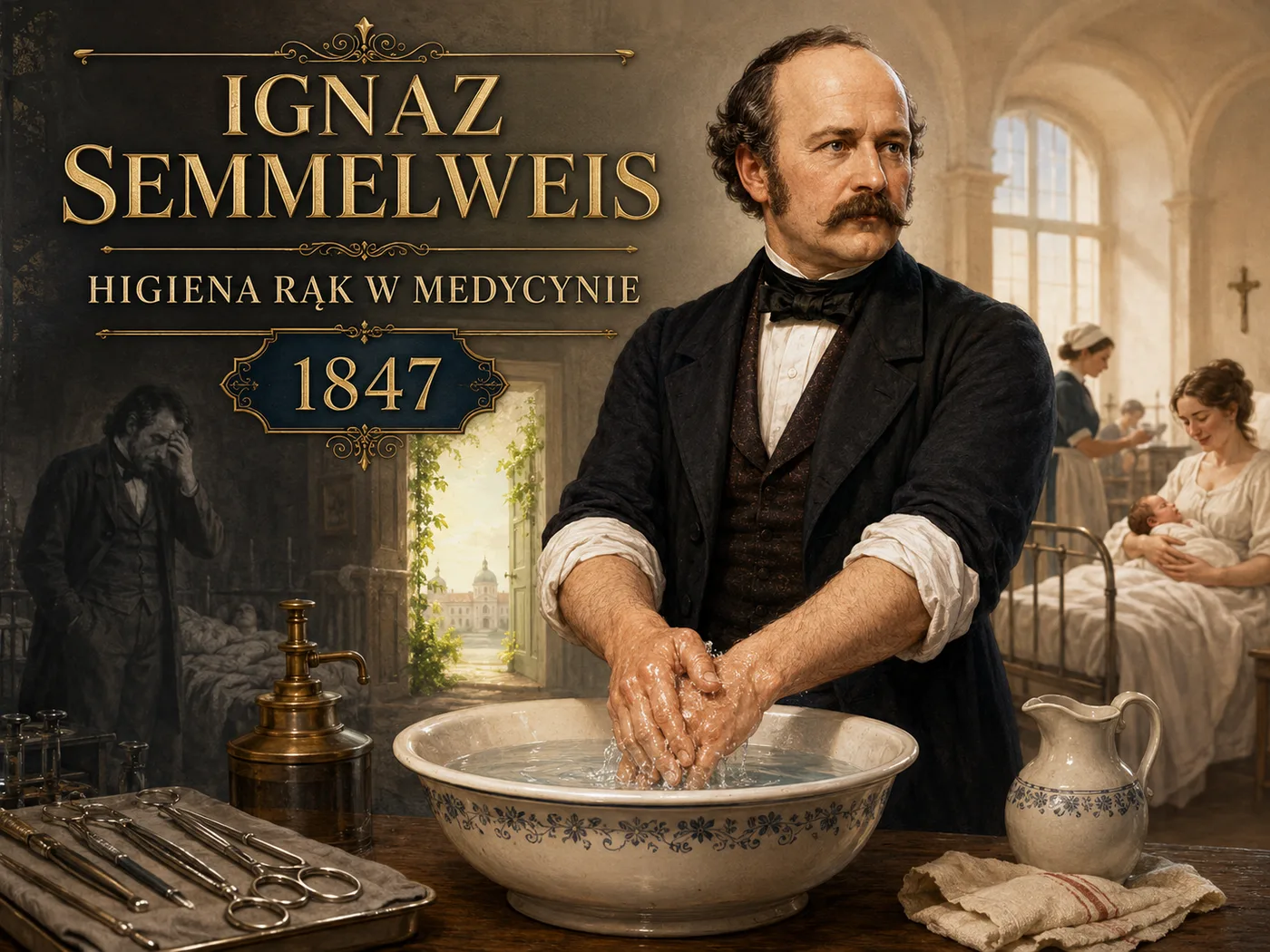 Ilustracja higieny w medycynie — XIX-wieczny lekarz myjący ręce przed wejściem na oddział położniczy, misa z chlorowaną wodą.