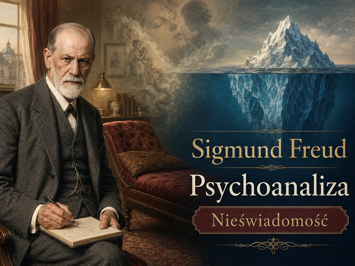 Ilustracja psychoanalizy — kozetka analityka i góra lodowa obrazująca świadomość nad powierzchnią i nieświadomość pod nią.