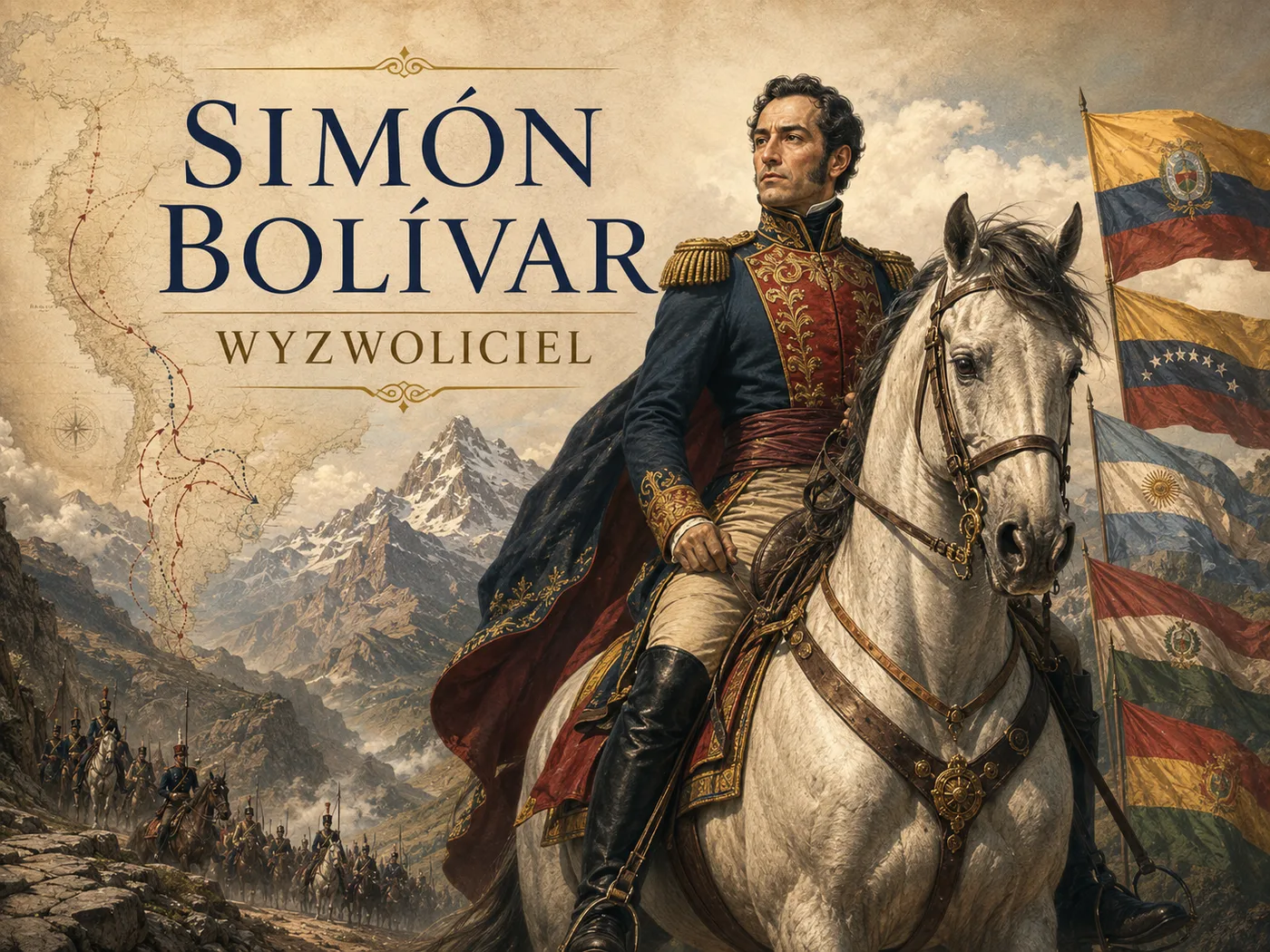 Ilustracja walki Bolívara — wódz na koniu prowadzący wojska ku niepodległości przez Andy.