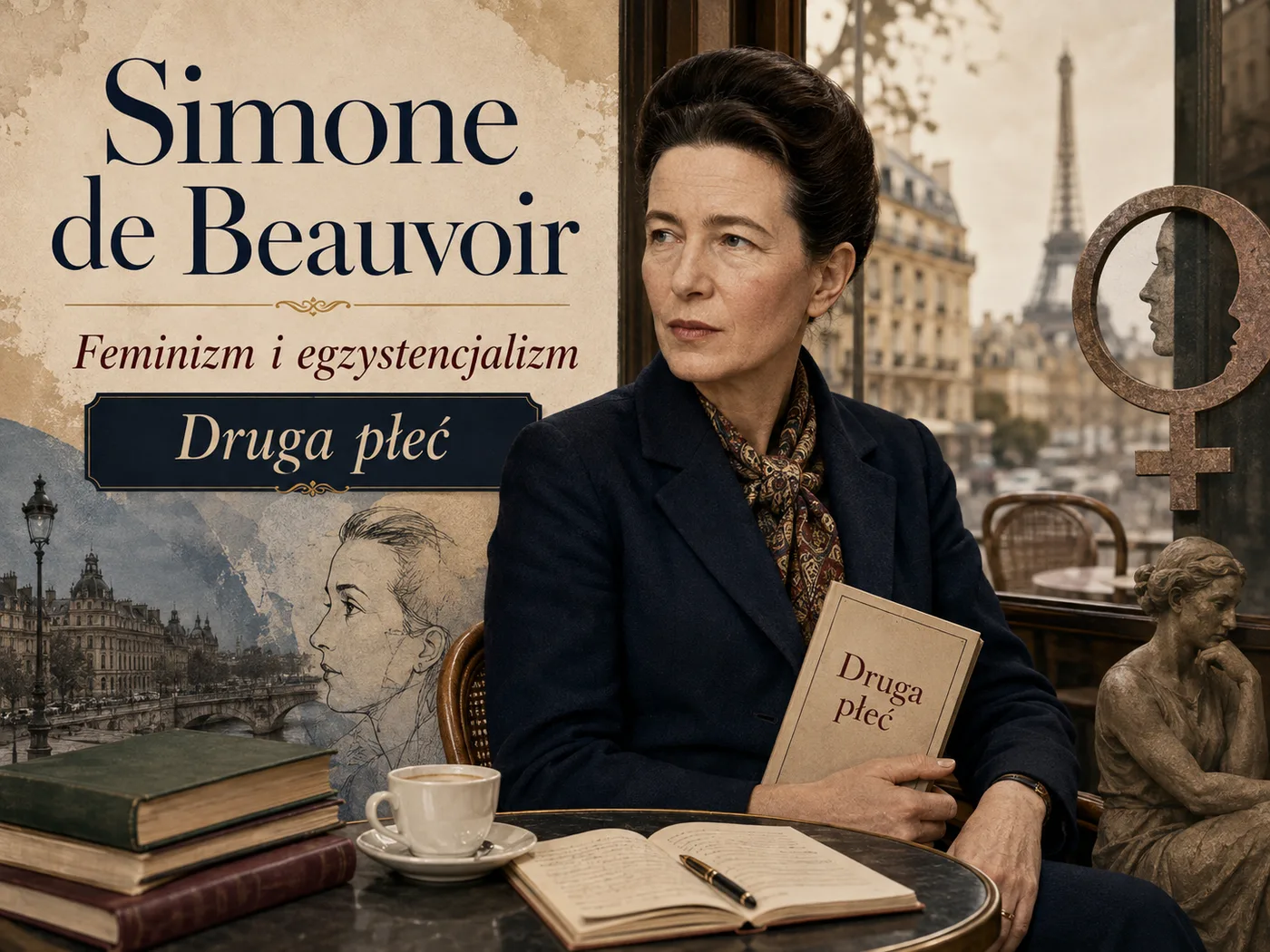 Ilustracja „Drugiej płci” de Beauvoir — kobieta wobec kulturowych ról i wyzwań równości.