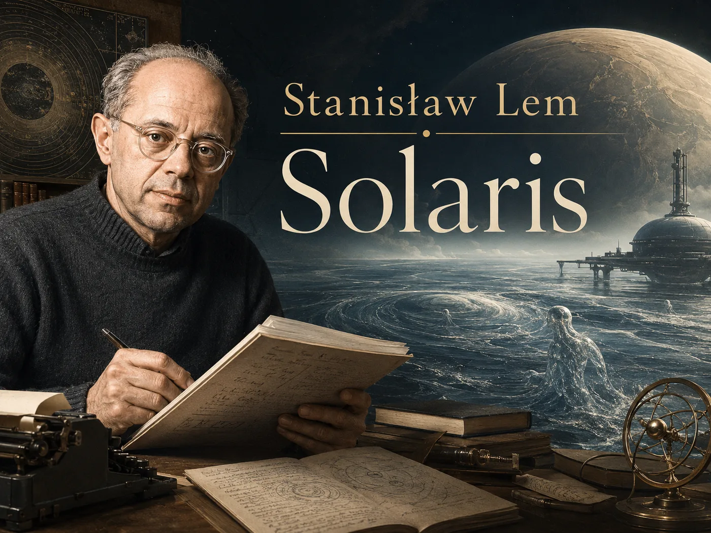 Ilustracja „Solaris” Lema — stacja badawcza nad myślącym oceanem obcej planety.