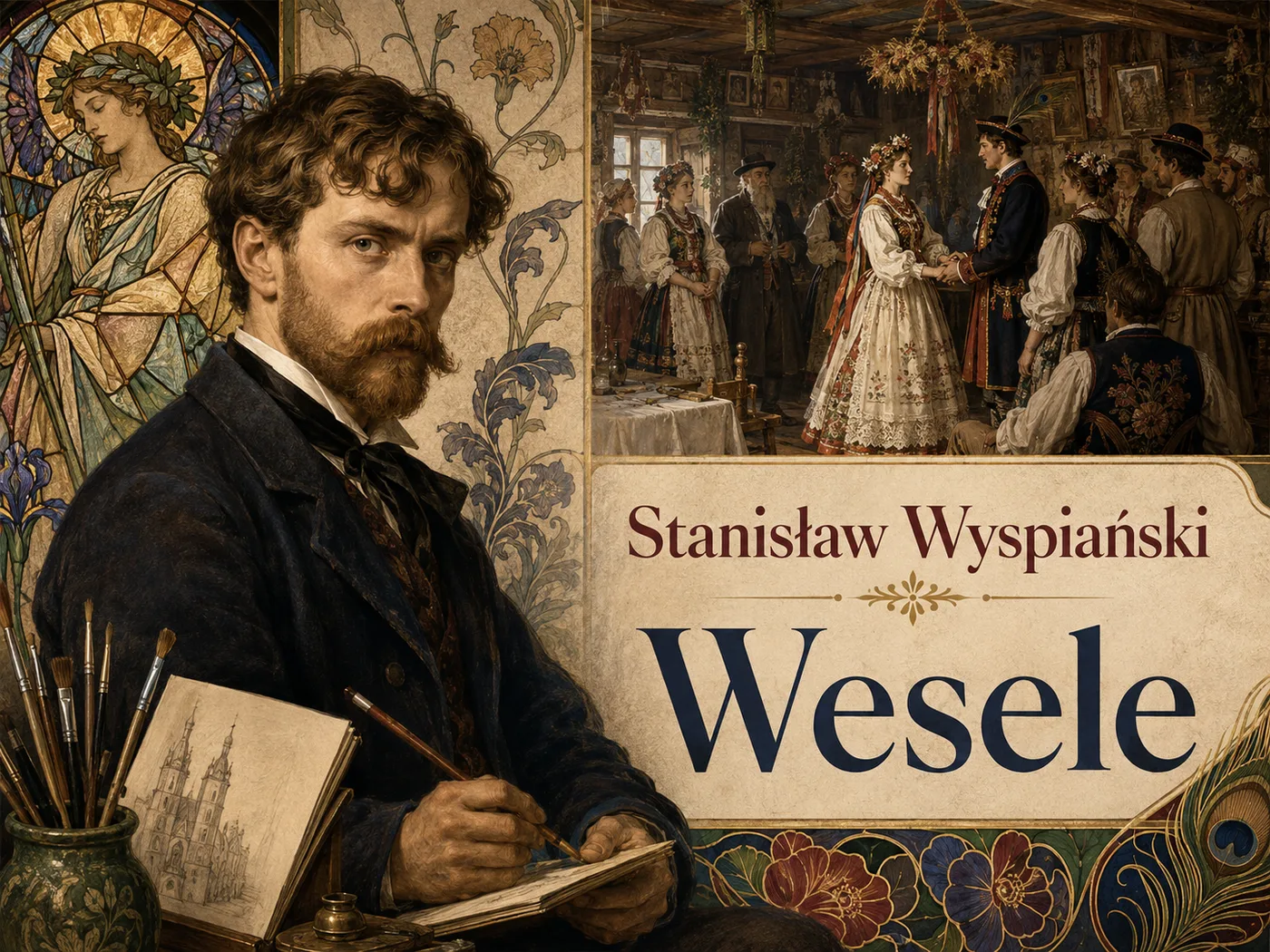 Ilustracja „Wesela” Wyspiańskiego — wiejska izba weselna i symboliczne, taneczne widma polskich dziejów.