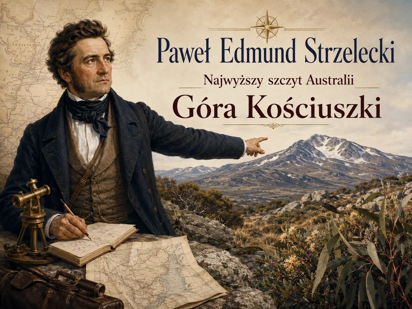 Ilustracja wypraw Strzeleckiego — badacz na szczycie Góry Kościuszki nad australijskim buszem.