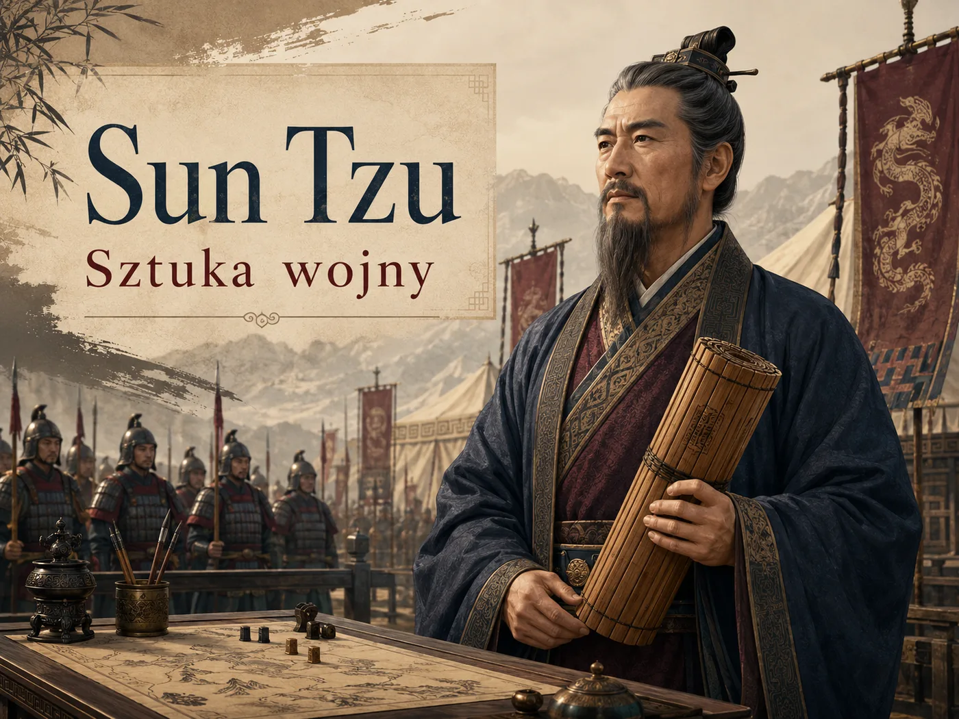 Ilustracja „Sztuki wojny” Sun Tzu — strateg nad mapą pola bitwy planujący ruchy wojsk.