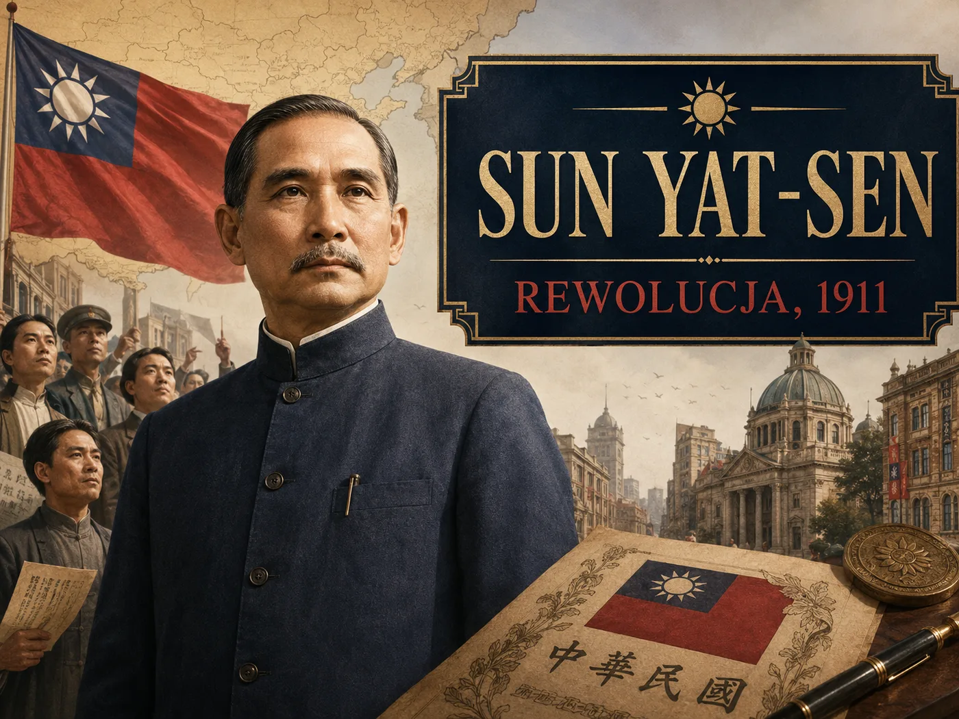 Ilustracja rewolucji 1911 — Sun Yat-sen wśród rewolucjonistów proklamujących republikę Chin.