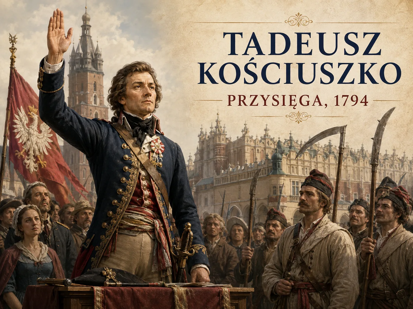 Ilustracja przysięgi Kościuszki — wódz składający przysięgę na rynku w Krakowie przed insurekcją.