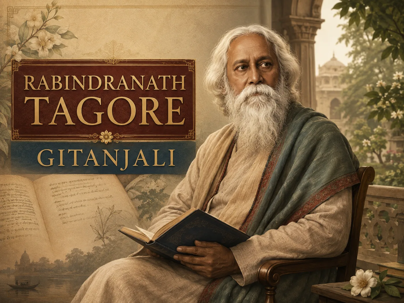 Ilustracja „Gitanjali” Tagore — poeta z tomikiem wierszy na tle indyjskiego pejzażu.
