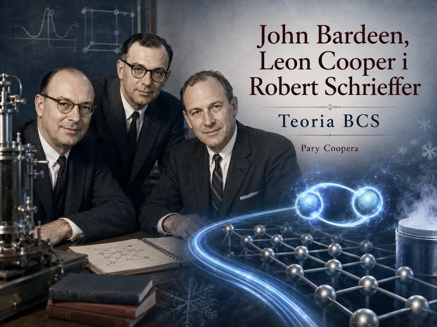 Ilustracja teorii BCS — schemat elektronów łączących się w pary Coopera i płynących bez oporu.