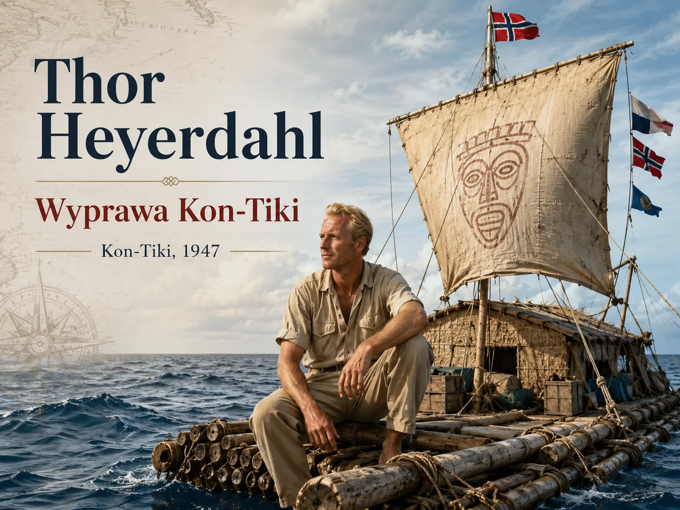 Ilustracja wyprawy Kon-Tiki — balsowa tratwa z żaglem na bezkresnym Pacyfiku.