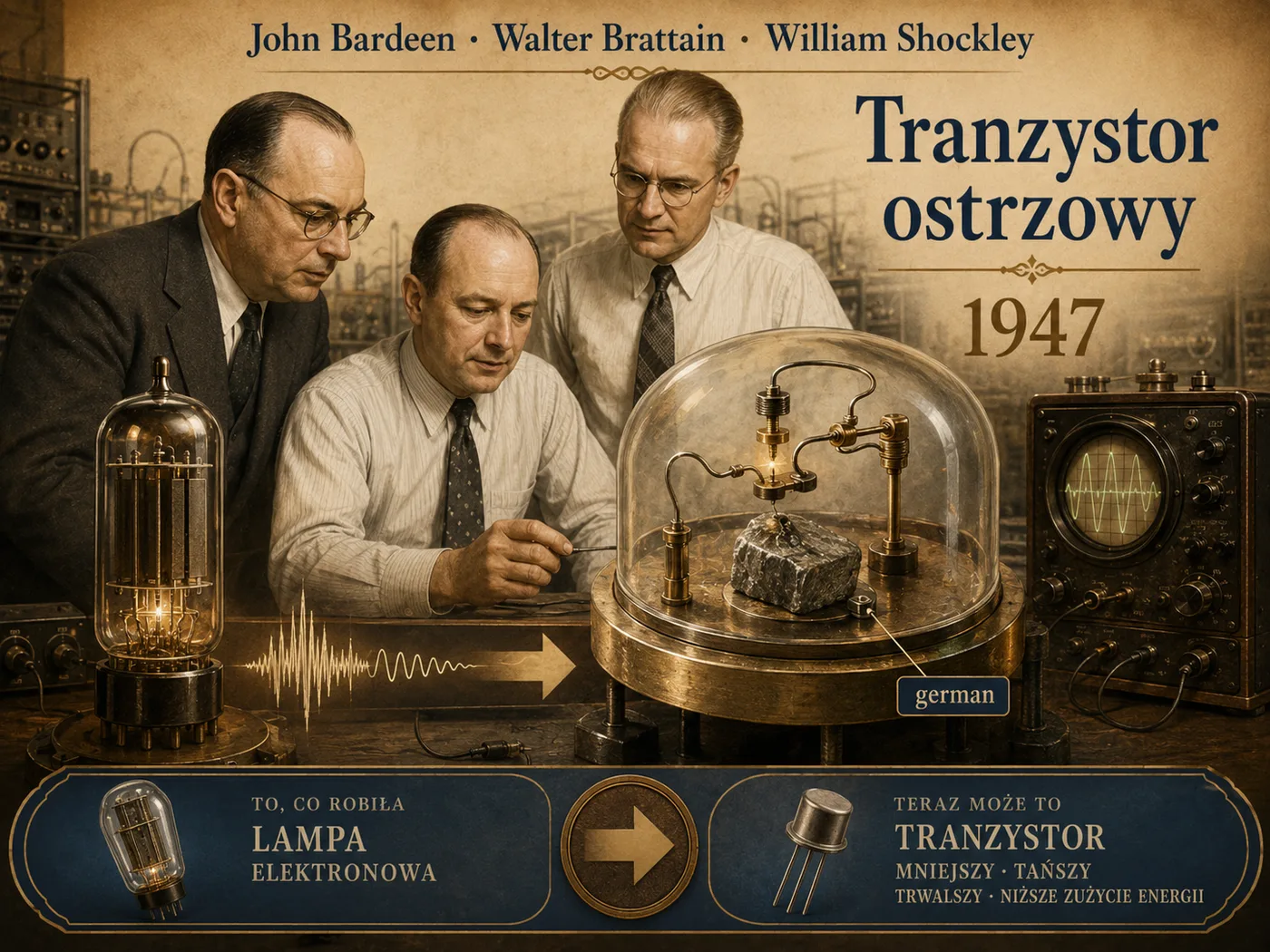 Ilustracja pierwszego tranzystora ostrzowego — płytka germanu ze złotymi ostrzami na tle laboratorium Bell Labs.