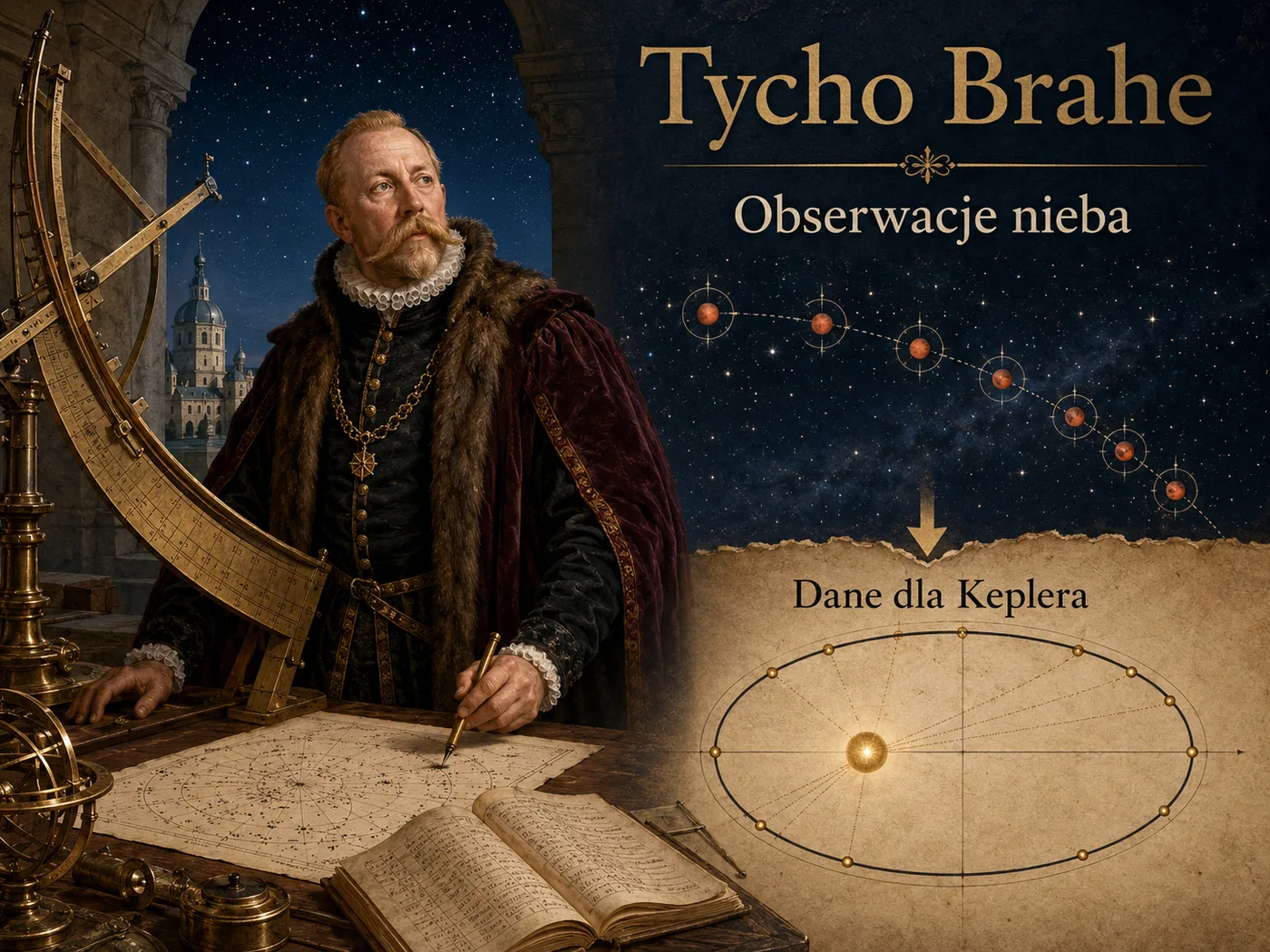 Ilustracja obserwacji Tychona — renesansowy astronom z wielkim mosiężnym kwadrantem pod gwiaździstym niebem Uraniborga.