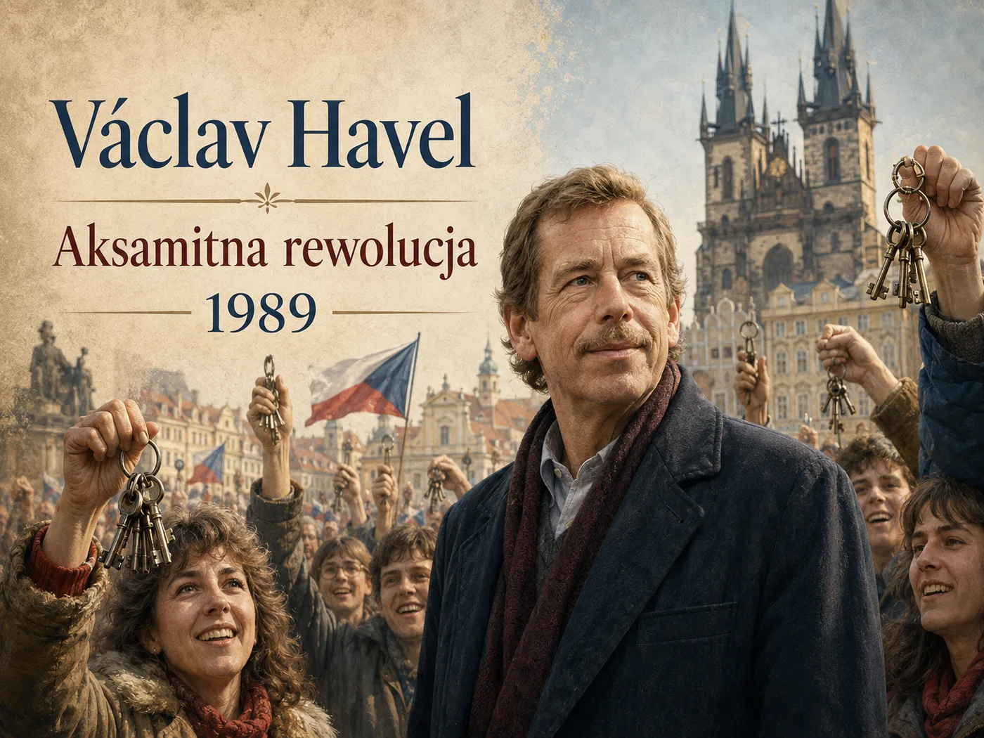Ilustracja aksamitnej rewolucji — Václav Havel wśród tłumu z kluczami i transparentami na placu.