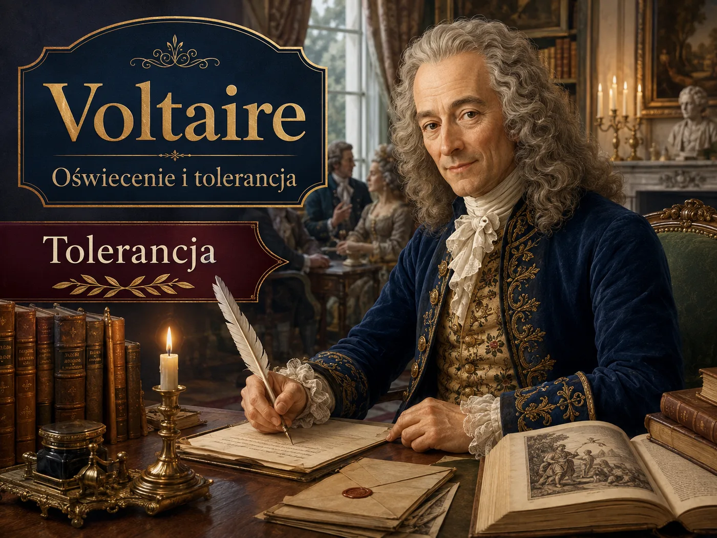 Ilustracja idei Voltaire’a — pisarz z piórem, symbole wolności słowa i tolerancji.
