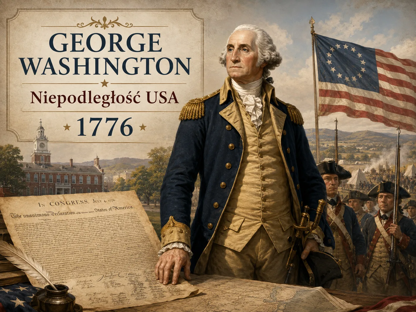 Ilustracja niepodległości USA — George Washington na czele wojsk podczas wojny o niepodległość.