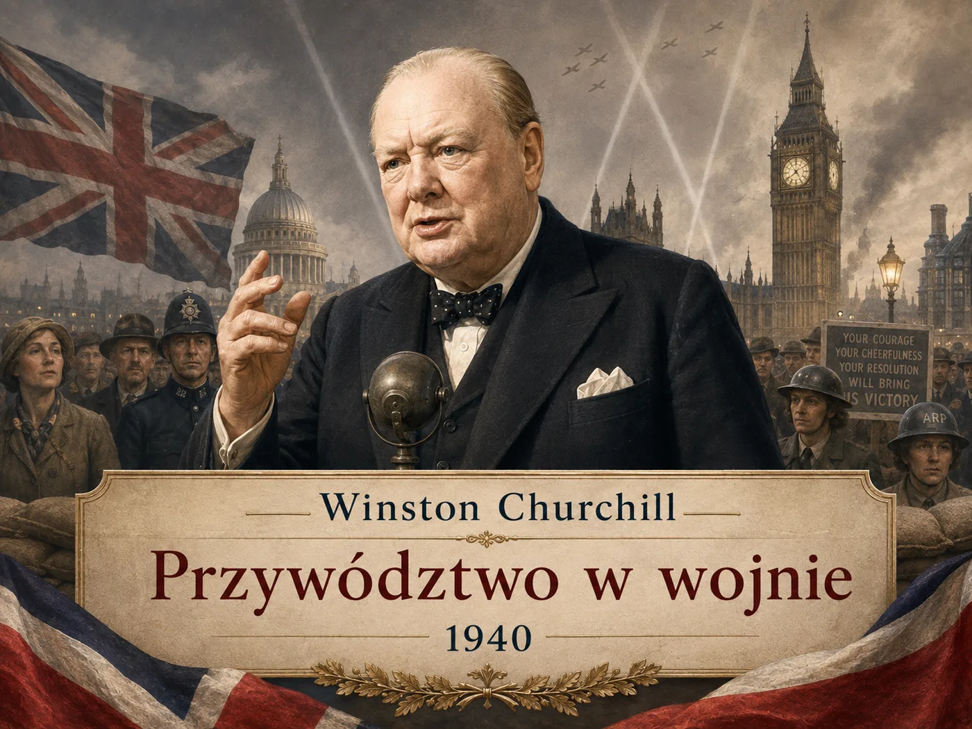Ilustracja przywództwa Churchilla — premier przemawiający do narodu w czasie wojny.