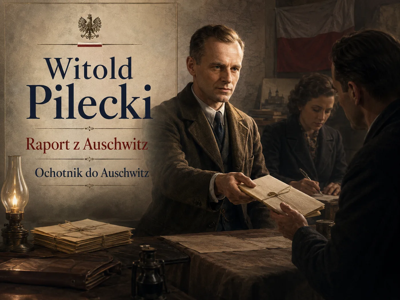 Ilustracja czynu Pileckiego — oficer sporządzający tajny raport o obozie Auschwitz.