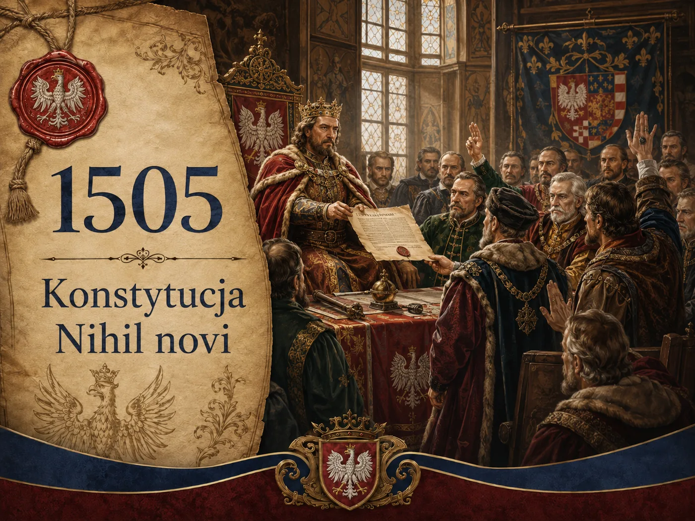 Sejm w Radomiu w 1505 roku — król Aleksander Jagiellończyk wśród posłów i senatorów uchwala konstytucję Nihil novi; narodziny parlamentaryzmu szlacheckiego.