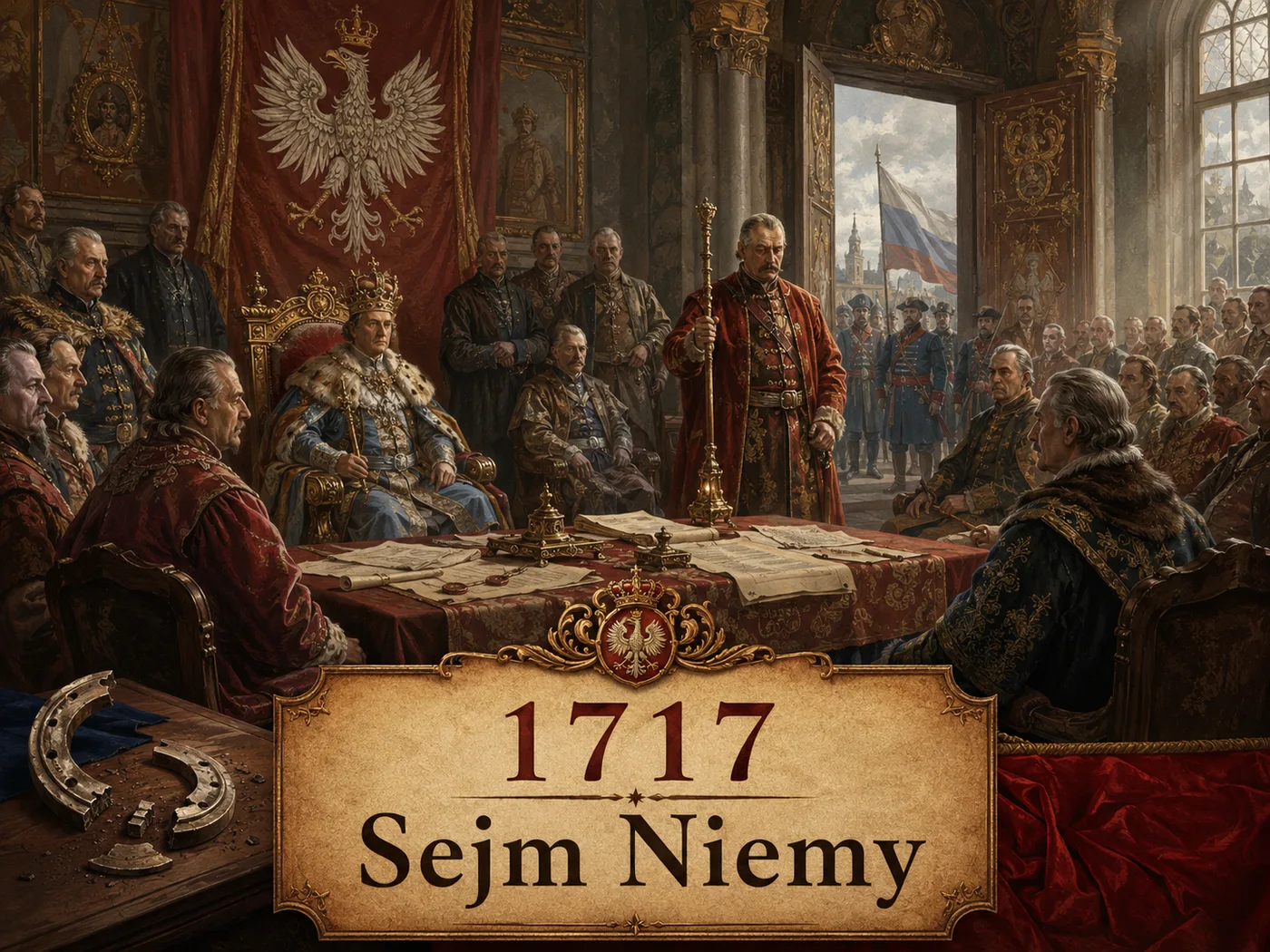 Sejm Niemy w 1717 roku — posłowie obradują w milczeniu pod presją otaczających wojsk rosyjskich; jednodniowa sesja bez debaty.