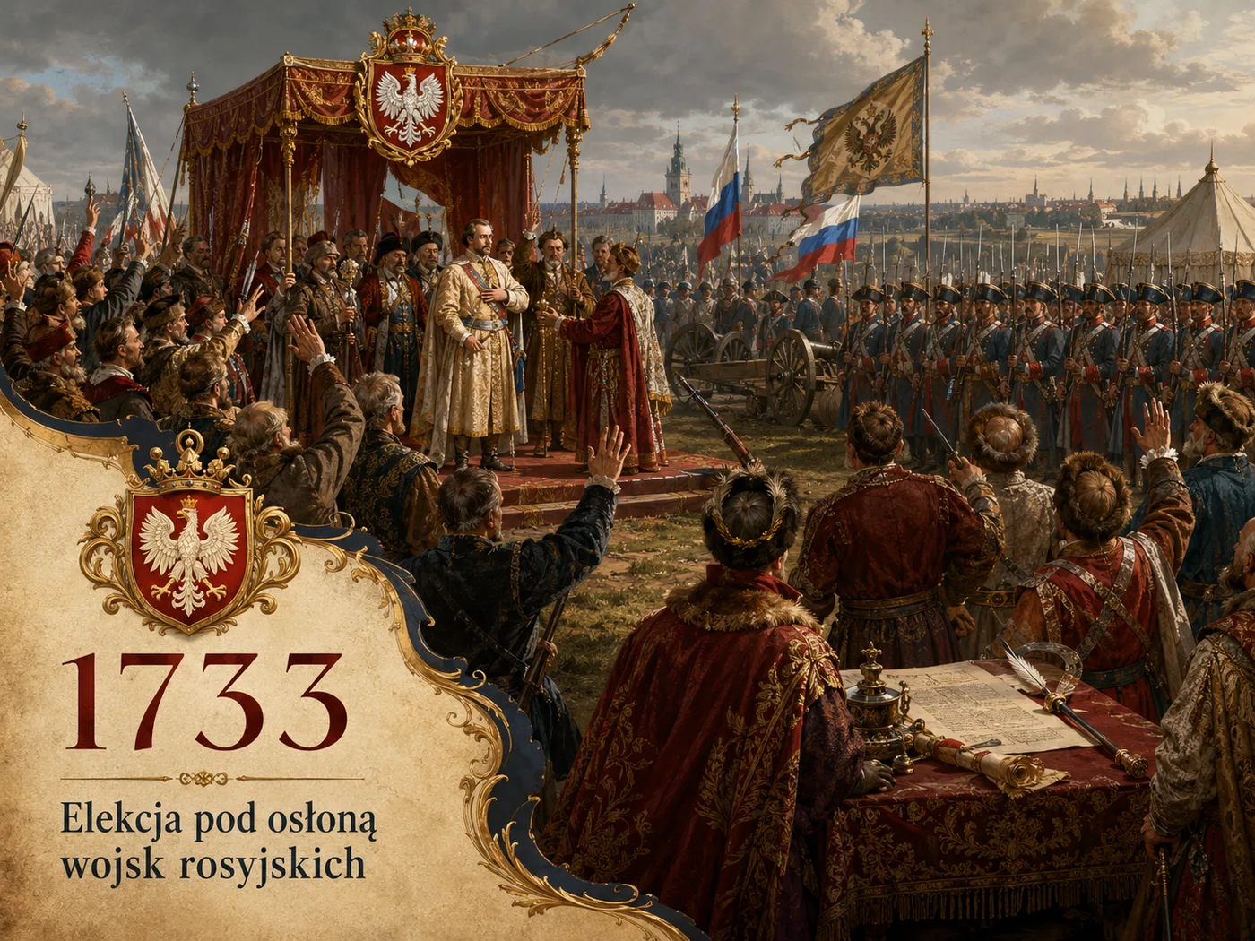 Elekcja Augusta III w 1733 roku — niewielka grupa szlachty obiera króla pod osłoną otaczających pole elekcyjne wojsk rosyjskich, wbrew woli większości.