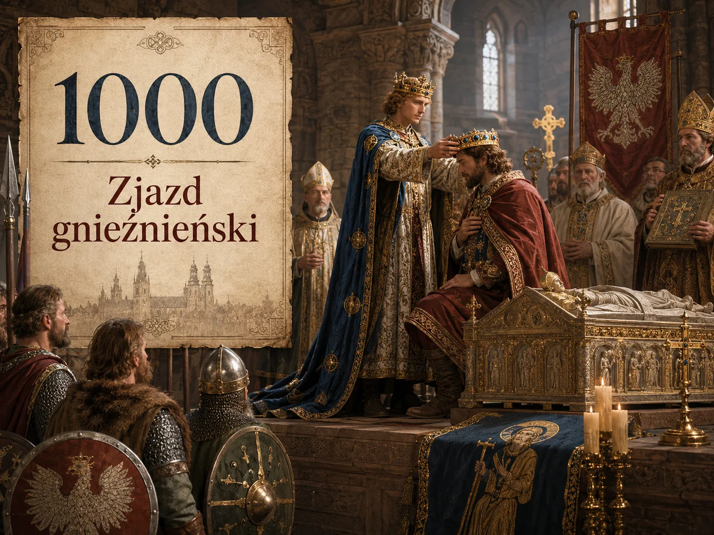 Zjazd gnieźnieński w 1000 roku — cesarz Otton III wkłada diadem na głowę Bolesława Chrobrego przy grobie św. Wojciecha, wśród dostojników i duchownych.
