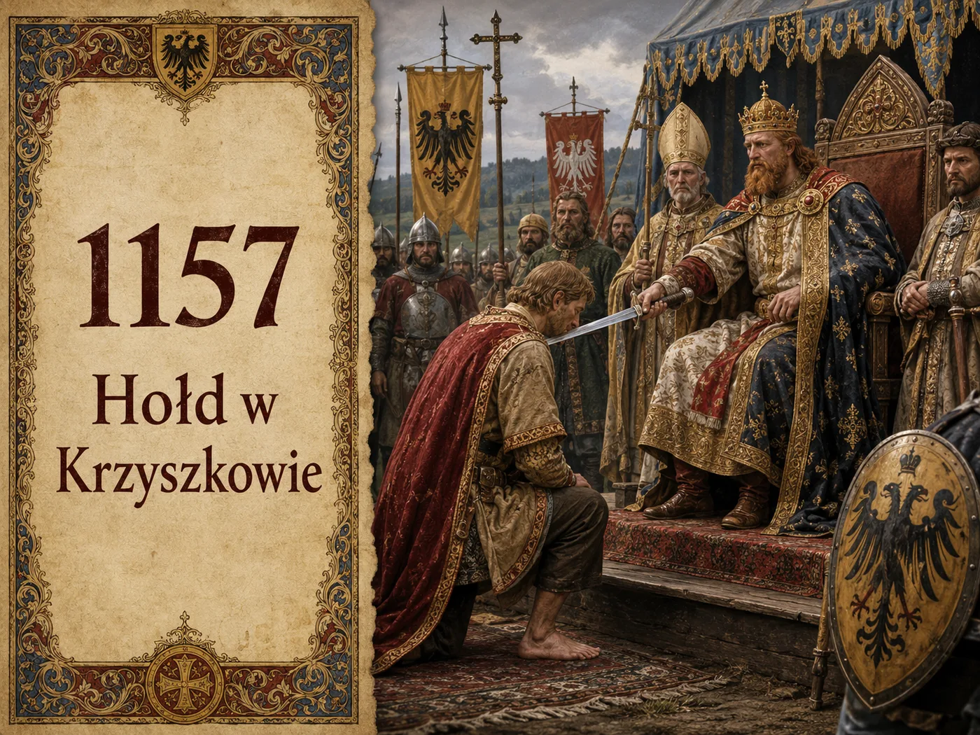 Bolesław Kędzierzawy klęka boso, z mieczem zawieszonym u szyi, przed cesarzem Fryderykiem Barbarossą pod Krzyszkowem w 1157 roku, w otoczeniu rycerstwa.