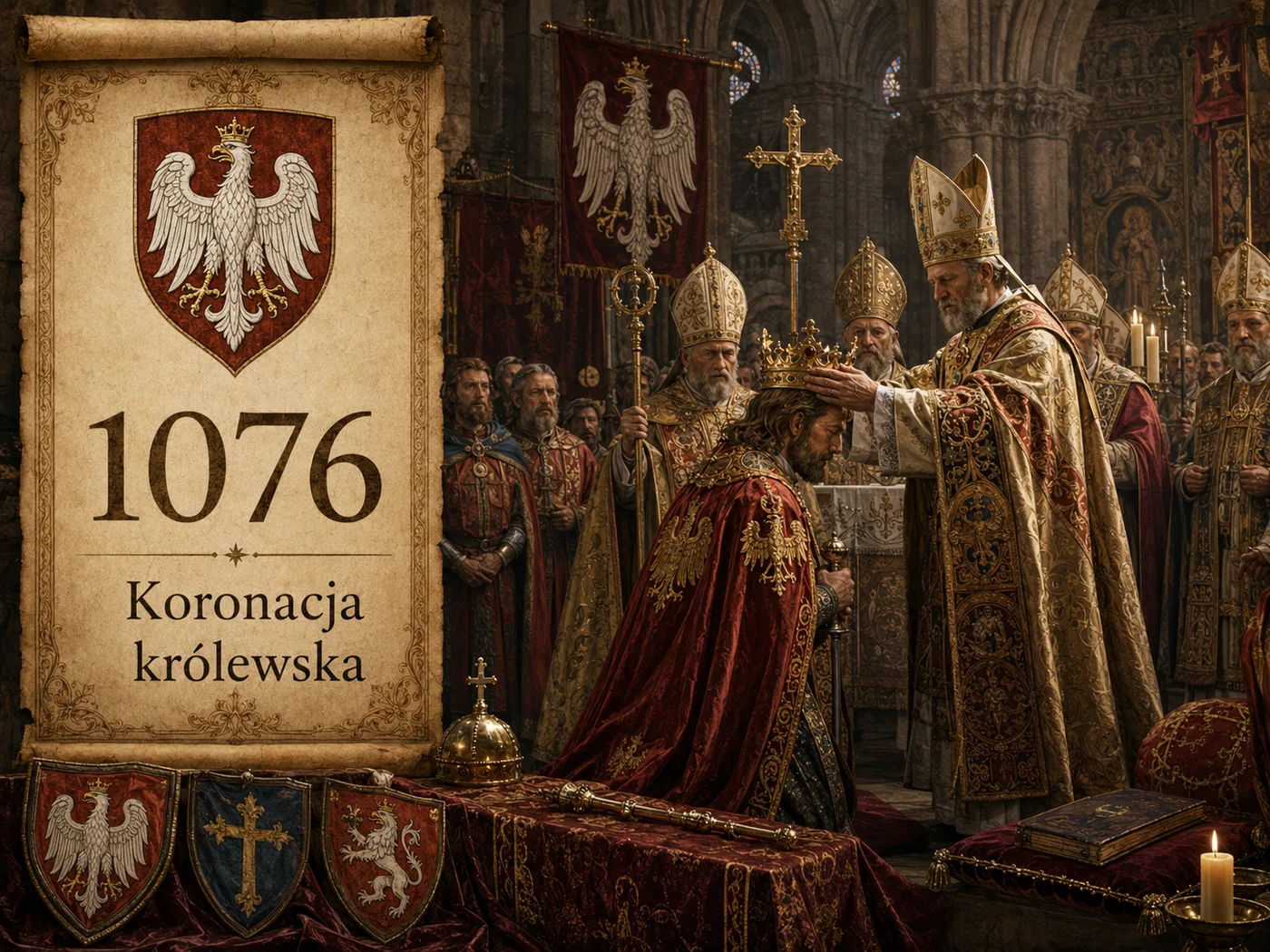 Koronacja Bolesława Śmiałego w Gnieźnie w 1076 roku — biskupi nakładają odnowioną koronę na głowę króla, w otoczeniu duchowieństwa i możnych.