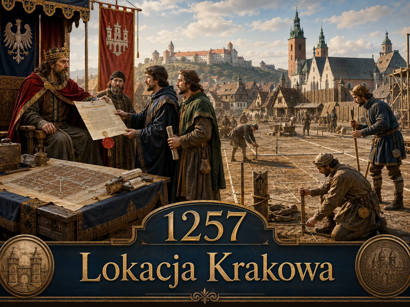 Lokacja Krakowa w 1257 roku — mierniczy wytyczają sznurem regularną siatkę ulic wokół wielkiego Rynku; Bolesław Wstydliwy nadaje miastu prawo magdeburskie.