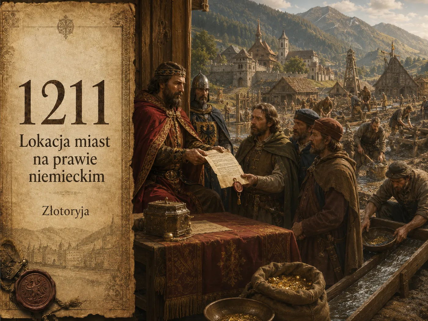 Lokacja Złotoryi na prawie niemieckim za Henryka Brodatego (ok. 1211) — górnicy płuczą złoto w sudeckiej rzece, w tle rozmierzane miasto.