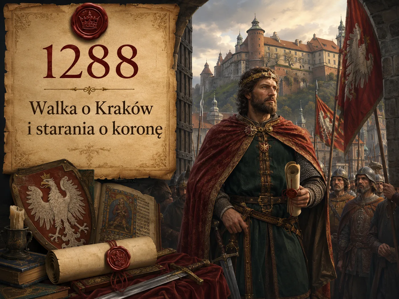 Henryk IV Probus, książę-poeta, wkracza na wzgórze wawelskie po zdobyciu Krakowa (1288); w tle poselstwo w sprawie korony królewskiej.