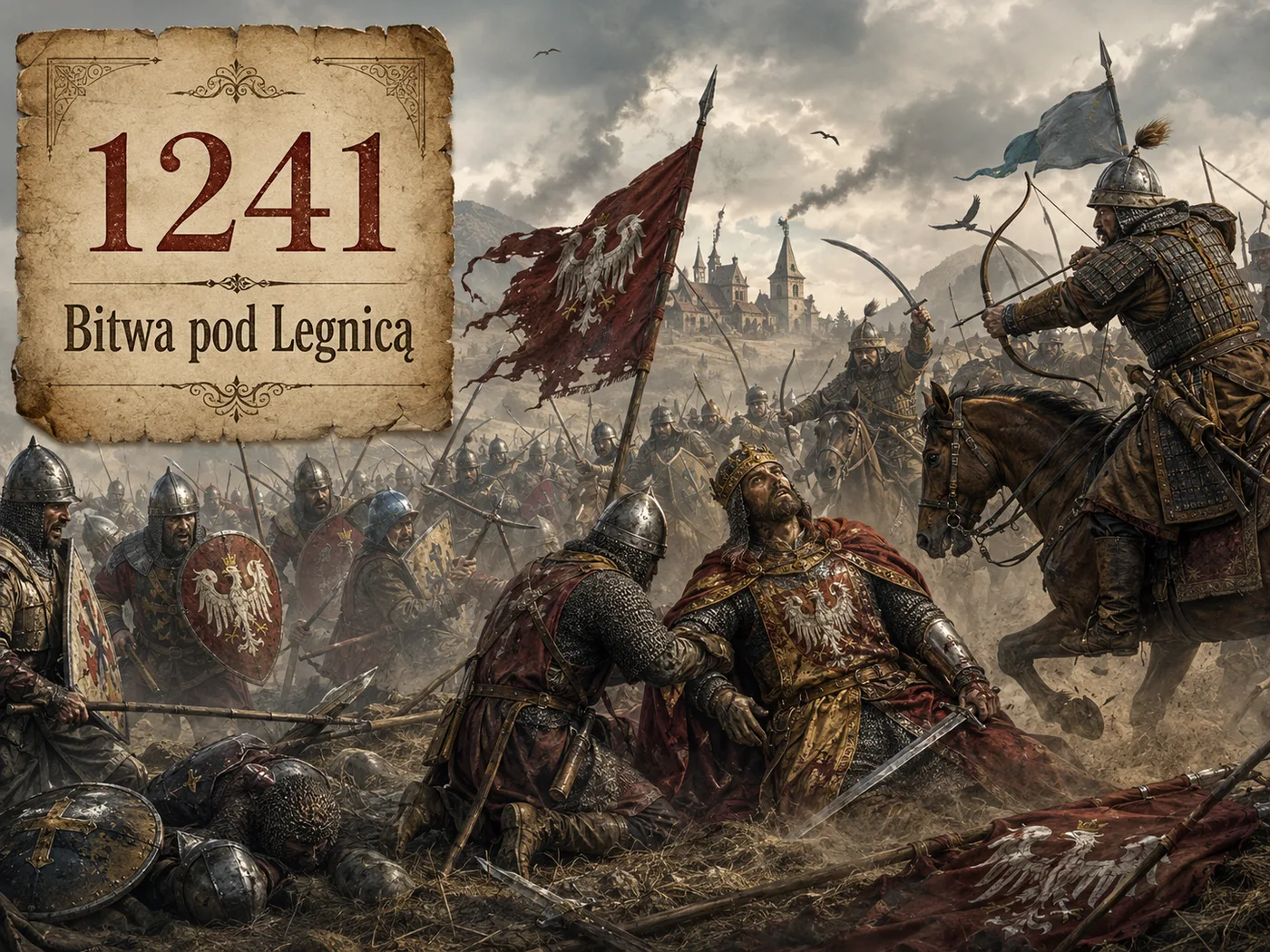 Bitwa pod Legnicą w 1241 roku — rycerstwo Henryka Pobożnego w starciu z konnymi łucznikami mongolskimi; klęska chrześcijańskiego wojska i śmierć księcia.
