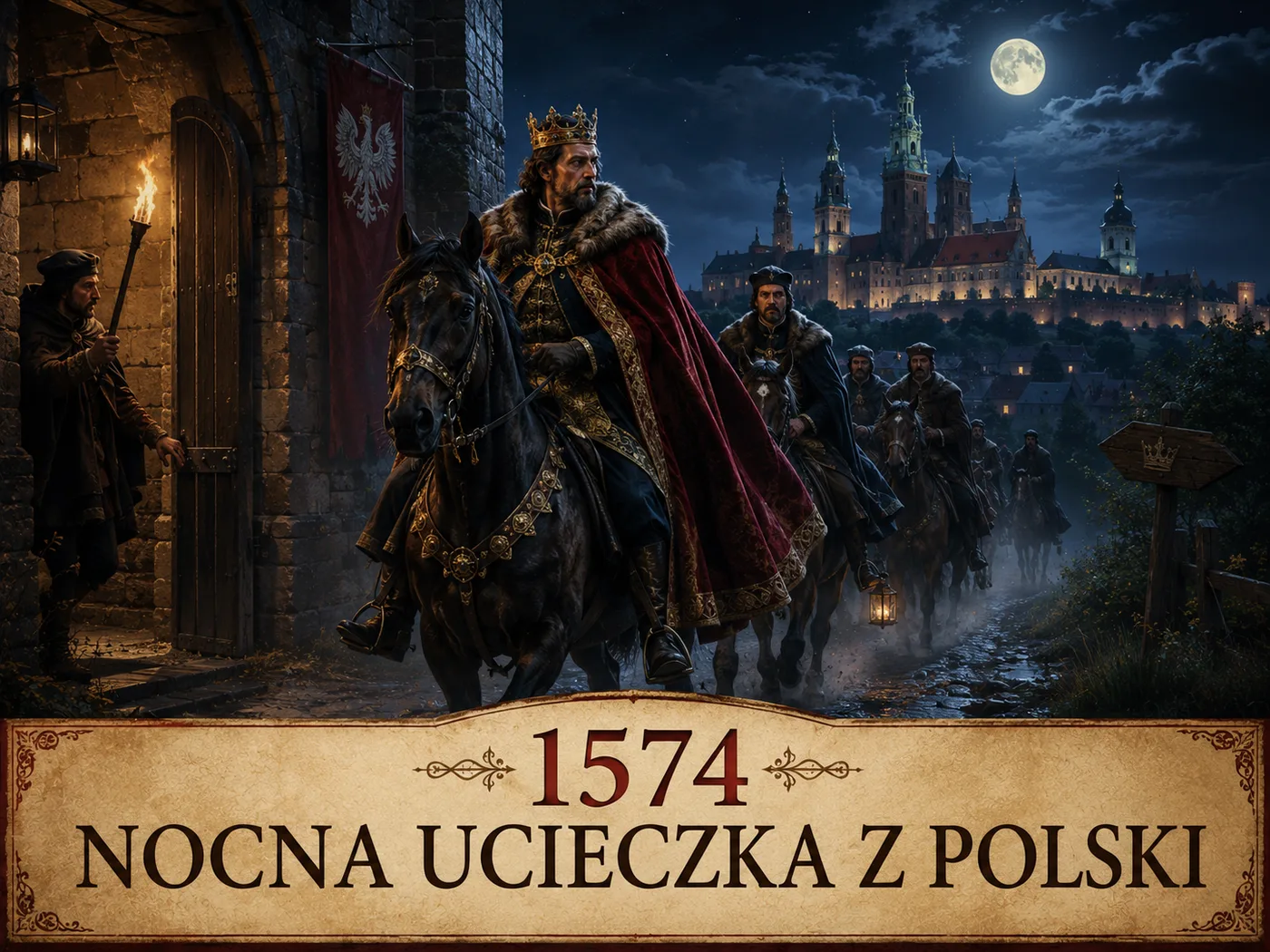 Nocna ucieczka Henryka Walezego z Polski w 1574 roku — konny orszak króla umyka z Krakowa w ciemności, ku granicy z Francją.